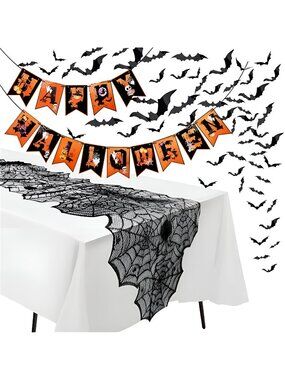 Halloween Table Runner 18 x 72 Inch Happy Halloween Banner 60pcs 3D Bats